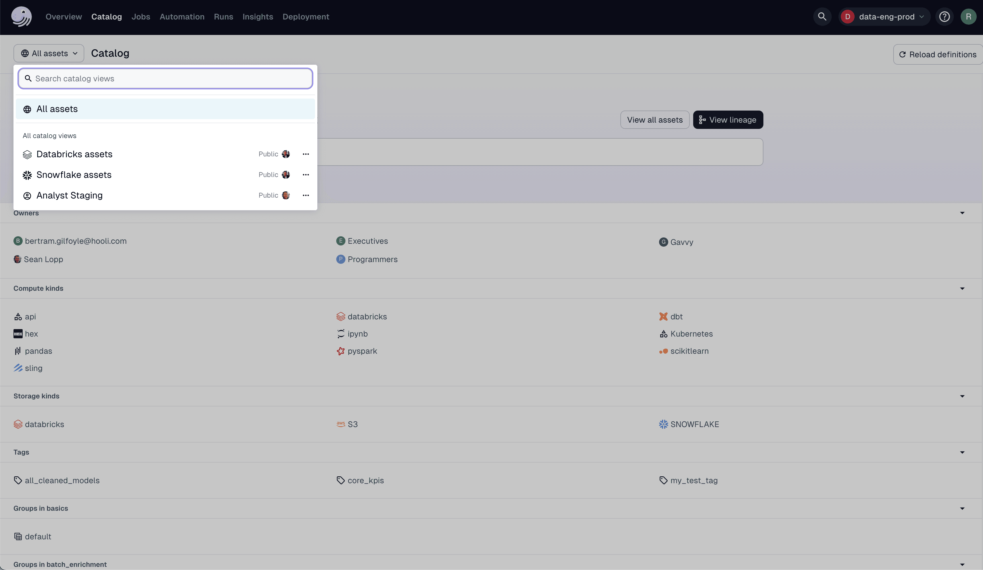 The Catalog views dropdown in the Dagster+ Pro Catalog UI