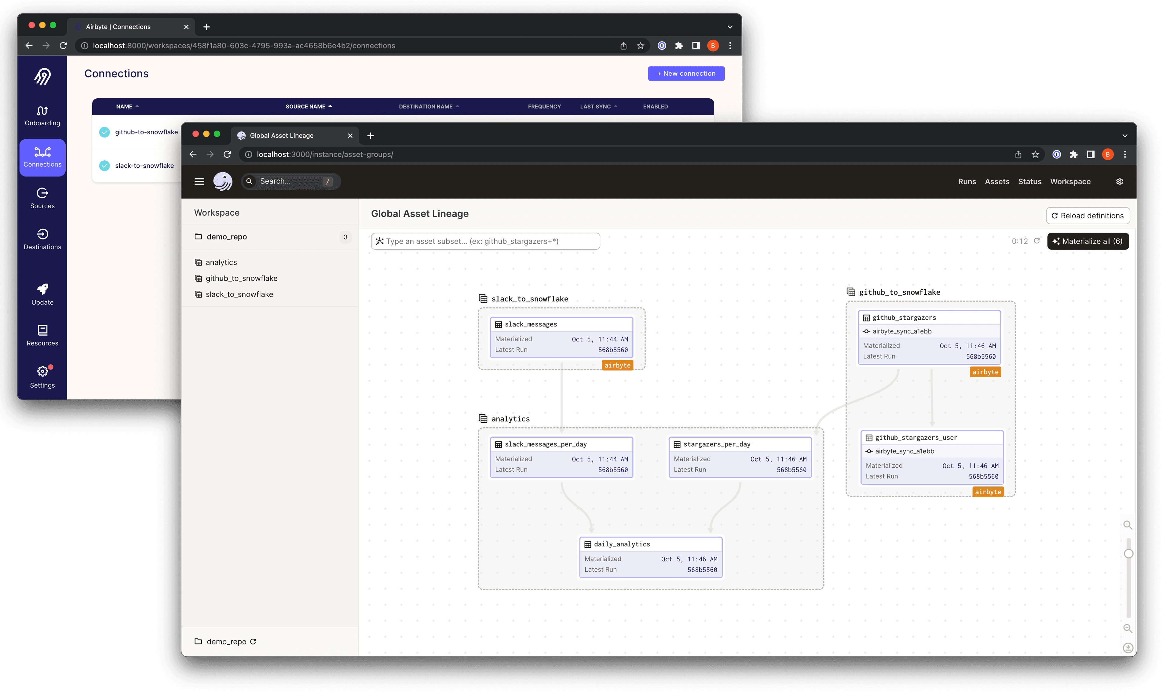 Screenshot of the Airbyte UI in a browser, showing the connection ID in the URL.